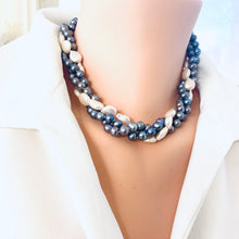 Load image into Gallery viewer, Front view of Black and White Pearl Necklace on mannequin highlighting black pearls and white coin pearl centerpiece.