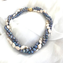 Load image into Gallery viewer, Detailed close-up of Black and White Pearl Necklace showing central white coin pearl and gold vermeil clasp.