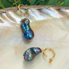 Carica l'immagine nel visualizzatore di Gallery, Baroque pearl hoop earrings highlighting iridescent peacock luster and gold vermeil hoops