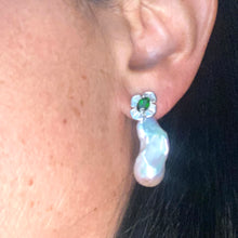 Cargar imagen en el visor de la galería, Green diopside baroque pearl drop earrings worn on woman’s ear — handcrafted gemstone and pearl jewelry by Loulia Pearl Jewelry