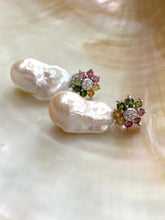 Cargar imagen en el visor de la galería, Handmade tourmaline pearl earrings with colorful gemstone flower studs and baroque pearls on white background