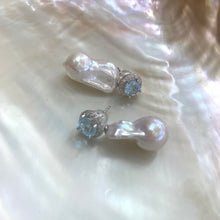 Cargar imagen en el visor de la galería, Handcrafted blue topaz pearl earrings with baroque pearls on shell background