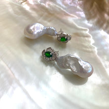 Cargar imagen en el visor de la galería, Close-up of green diopside baroque pearl drop earrings on white pearl shell background — elegant gemstone jewelry by Loulia Pearl Jewelry