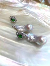 Cargar imagen en el visor de la galería, Close-up of green diopside baroque pearl drop earrings on white pearl shell background — elegant gemstone jewelry by Loulia Pearl Jewelry