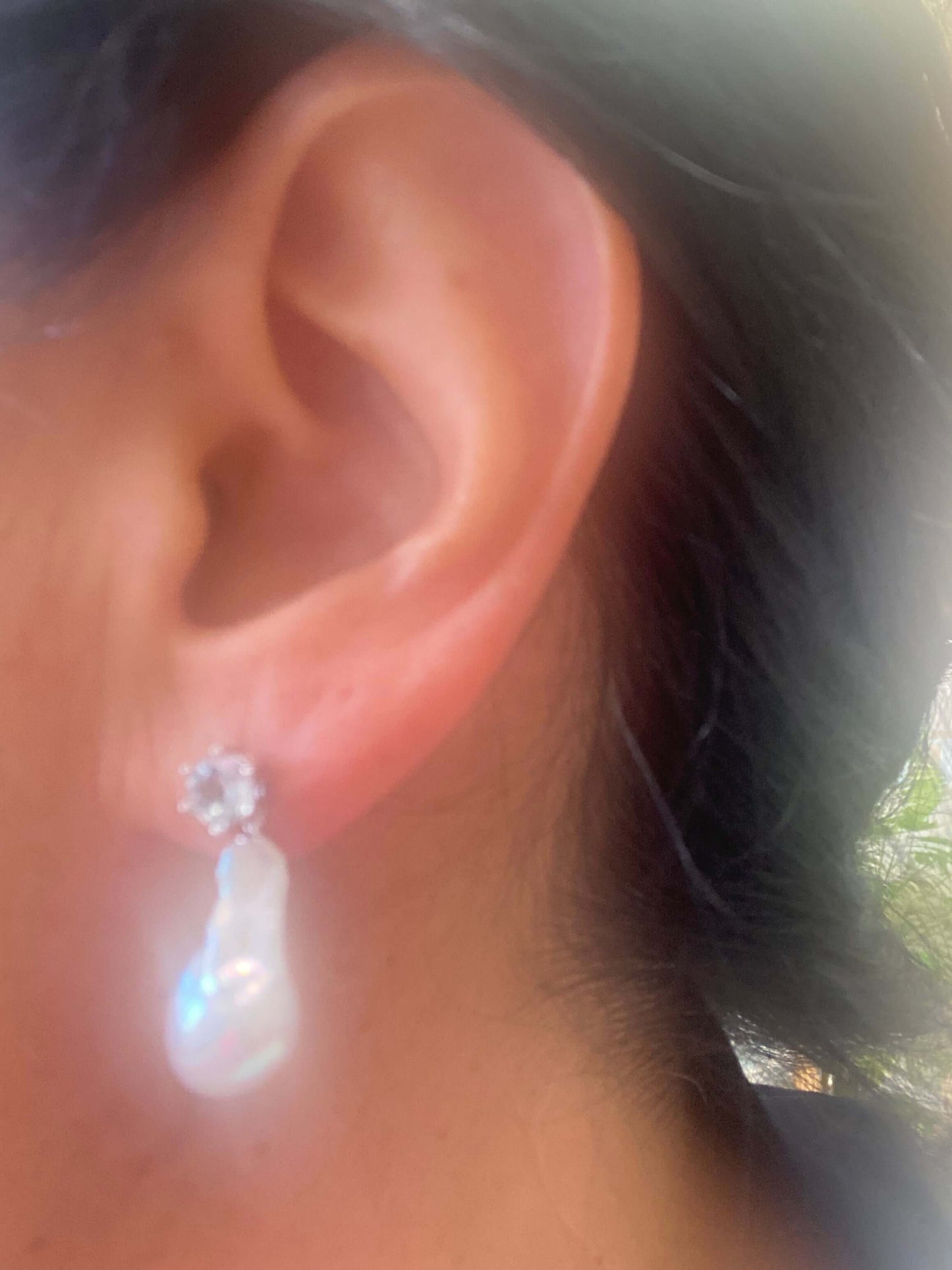 Baroque pearl drop earrings – peridot, amethyst, blue topaz worn on ear with removable white freshwater pearl