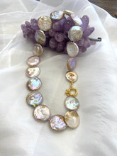 Cargar imagen en el visor de la galería, Large coin pearl necklace close up on white background showing pearl texture