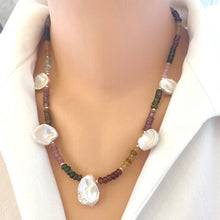 Carica l'immagine nel visualizzatore di Gallery, Multi tourmaline and keshi pearl necklace front view on mannequin, handcrafted gemstone jewelry.