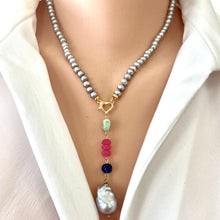 Lade das Bild in den Galerie-Viewer, Grey Pearl Necklace, Chalcedony, Chrysoprase, & Lapis Removable Pendant