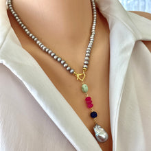Lade das Bild in den Galerie-Viewer, Grey Pearl Necklace, Chalcedony, Chrysoprase, & Lapis Removable Pendant