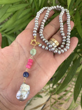 Lade das Bild in den Galerie-Viewer, Grey Pearl Necklace, Chalcedony, Chrysoprase, & Lapis Removable Pendant