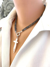 Load image into Gallery viewer, Side view of mannequin wearing labradorite aquamarine pendant necklace with baroque pearl cross — elegant handcrafted jewelry by Loulia Pearl Jewelry