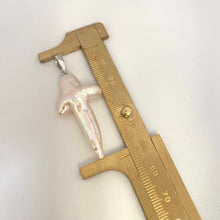 Load image into Gallery viewer, Labradorite aquamarine pendant necklace close-up showing pearl cross pendant measured against ruler — handcrafted gemstone jewelry by Loulia Pearl Jewelry