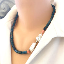 Charger l'image dans la galerie, Side angle of blue apatite coral pearl necklace on mannequin — elegant handcrafted gemstone necklace with coral and pearl details