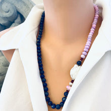 Lade das Bild in den Galerie-Viewer, Lapis lazuli and baroque pearl necklace with ruby accents, front view on mannequin, handmade in Canada.