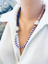 Cargar imagen en el visor de la galería, Angled view of lapis lazuli opal agate pearl necklace on mannequin — handcrafted gemstone necklace featuring opal, agate, and baroque pearls