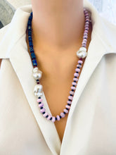 Cargar imagen en el visor de la galería, Lapis lazuli opal agate pearl necklace on mannequin — front view of handcrafted gemstone and baroque pearl jewelry by Loulia Pearl Jewelry
