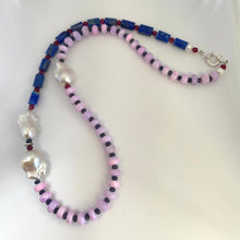 Cargar imagen en el visor de la galería, Close-up of lapis lazuli opal agate pearl necklace on white background — colorful gemstone and baroque pearl necklace handcrafted in Canada