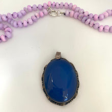 Carica l'immagine nel visualizzatore di Gallery, → Blue agate pendant close-up beside lavender opal necklace, natural gemstone jewelry handmade in Canada.