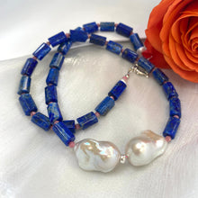 Load image into Gallery viewer, Close-up of Lapis Lazuli Pink Rhodonite Baroque Pearl Necklace on white background — lapis, rhodonite, and baroque pearl details by Loulia Pearl Jewelry