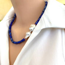 Load image into Gallery viewer, Angled view of Lapis Lazuli Pink Rhodonite Baroque Pearl Necklace on mannequin — handcrafted gemstone and pearl necklace by Loulia Pearl Jewelry