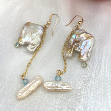 Lade das Bild in den Galerie-Viewer, Close-up of boho pearl earrings gold filled on white background — square keshi pearls with blue topaz accents handcrafted in Canada