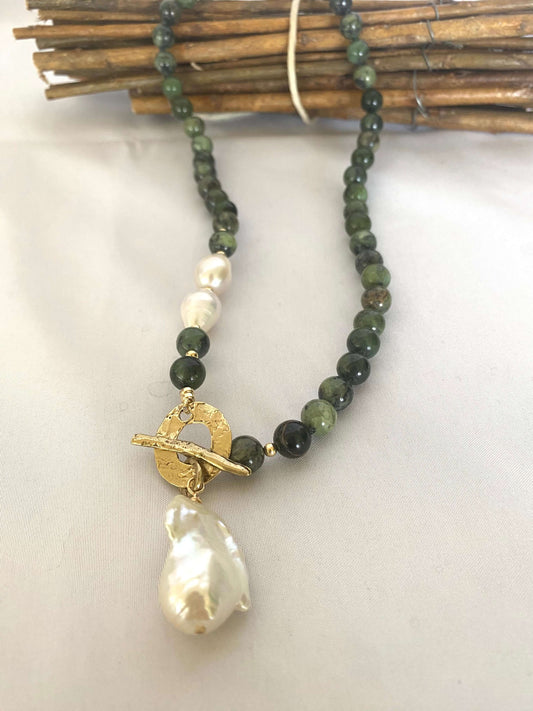 Green Jade & Baroque Pearl Toggle Necklace