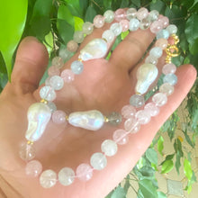 Carica l'immagine nel visualizzatore di Gallery, Morganite Aquamarine Pearl Necklace | Handcrafted Statement Design with pastel gemstones and luminous pearls.