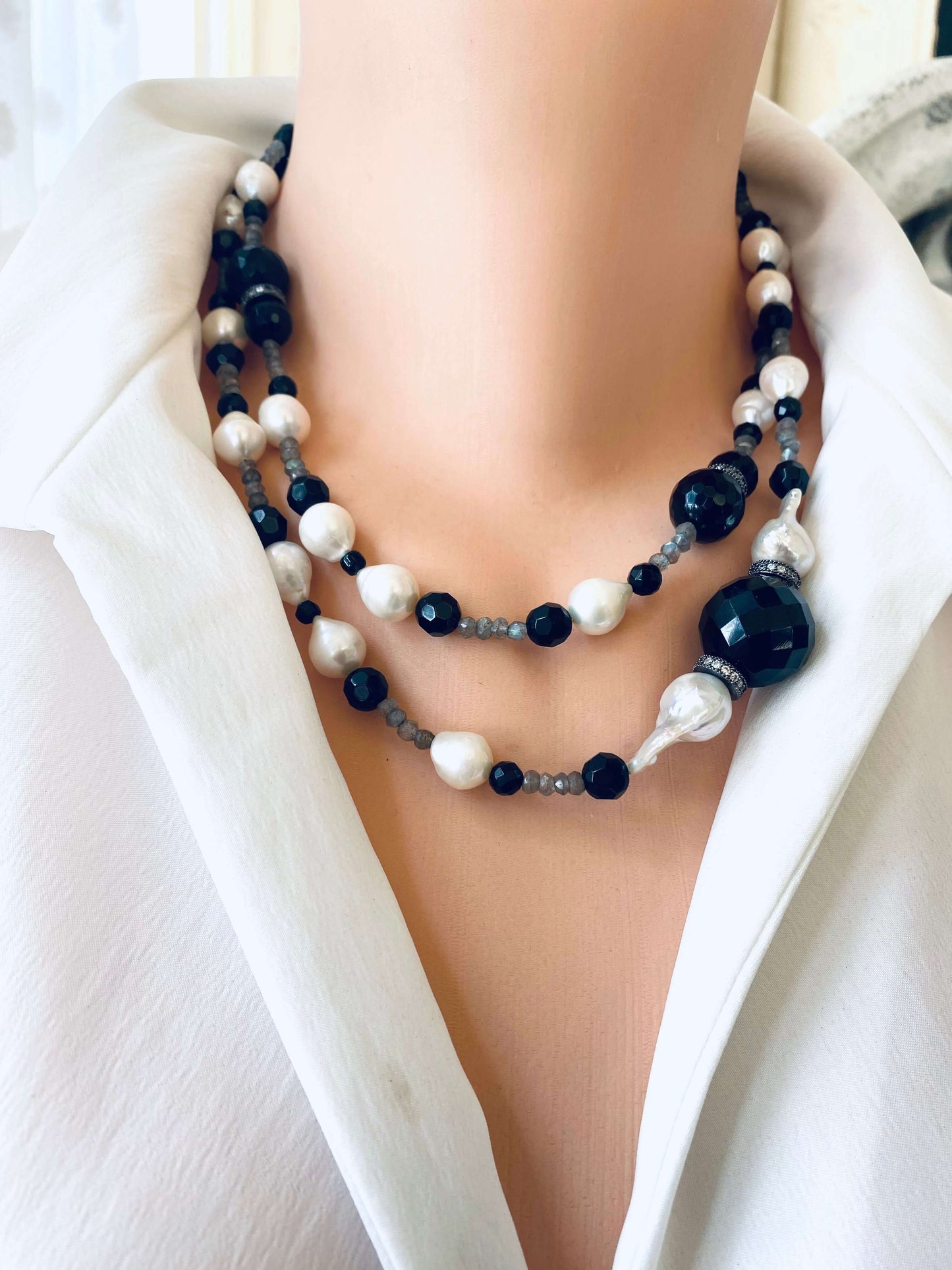 Labradorite Onyx Pearl Long Necklace | Handcrafted 39" Jewelry Canada