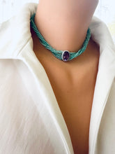 Cargar imagen en el visor de la galería, Amethyst Amazonite Choker Necklace – 8-Strand Twisted Gemstone Collar with a vibrant design.