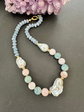 Cargar imagen en el visor de la galería, Blue Jade Morganite Aquamarine Pearl Necklace showcasing baroque gems with pink silk and oceanic hues.