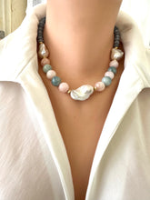 Cargar imagen en el visor de la galería, Blue Jade Morganite Aquamarine Pearl Necklace displayed on a model, showcasing Baroque Gem Design.