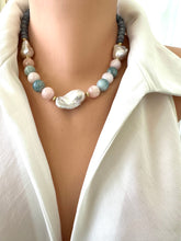 Cargar imagen en el visor de la galería, Blue Jade Morganite Aquamarine Pearl Necklace showcasing baroque gemstone design with silk details.