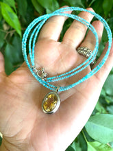 Load image into Gallery viewer, Blue Amazonite Citrine Pendant Necklace featuring blue amazonite beaded strands and a yellow citrine gemstone pendant.