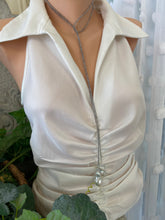 Load image into Gallery viewer, Labradorite and Baroque Pearl Necklace showcased on a mannequin wearing a white blouse, highlighting its lariat design.