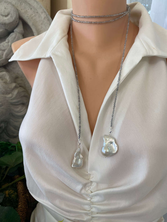 Labradorite and Baroque Pearl Necklace showcasing a lariat design on a mannequin, elegant and handmade by Loulia Pearl Jewelry.