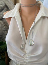 Load image into Gallery viewer, Labradorite and Baroque Pearl Necklace showcasing a lariat design on a mannequin, elegant and handmade by Loulia Pearl Jewelry.
