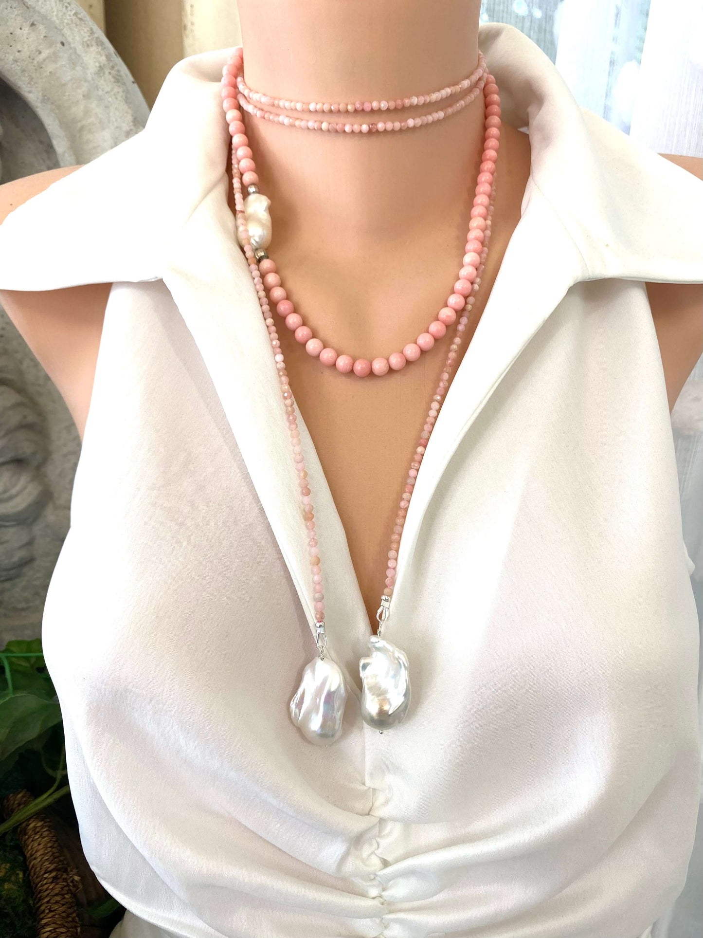 Pink Opal Baroque Pearl Necklace showcasing a 52" lariat design with pink opal beads and baroque pearls.
