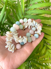 Cargar imagen en el visor de la galería, Aquamarine Morganite Necklace – natural gemstones against green leaf background