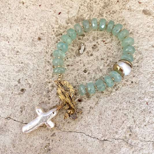 Chalcedony bracelet with cross pearl pendant and daisy charm, handcrafted with aqua green chalcedony rondelle beads.