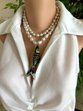 Load image into Gallery viewer, Black Cloisonné Fish Pendant Necklace, 35", Hand Knotted White Baroque Pearls, 9–11mm