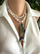 Load image into Gallery viewer, Black Cloisonné Fish Pendant Necklace, 35", Hand Knotted White Baroque Pearls, 9–11mm
