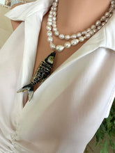 Load image into Gallery viewer, Black Cloisonné Fish Pendant Necklace, 35", Hand Knotted White Baroque Pearls, 9–11mm
