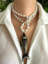 Load image into Gallery viewer, Black Cloisonné Fish Pendant Necklace, 35", Hand Knotted White Baroque Pearls, 9–11mm