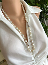 Cargar imagen en el visor de la galería, White Edison Baroque Pearl Y Necklace, 9–12mm Hand Knotted, 29", Rhodium Silver Clasp