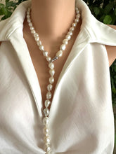 Cargar imagen en el visor de la galería, White Edison Baroque Pearl Y Necklace, 9–12mm Hand Knotted, 29", Rhodium Silver Clasp