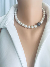 Load image into Gallery viewer, White Round Edison Pearl Necklace, 11–15mm, CZ Pavé Gunmetal Magnetic Clasp, 16"