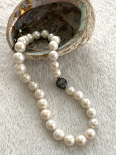 Load image into Gallery viewer, White Round Edison Pearl Necklace, 11–15mm, CZ Pavé Gunmetal Magnetic Clasp, 16"