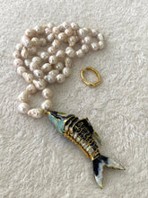 Load image into Gallery viewer, Black Cloisonné Fish Pendant Necklace, 35", Hand Knotted White Baroque Pearls, 9–11mm