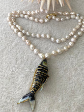 Load image into Gallery viewer, Black Cloisonné Fish Pendant Necklace, 35", Hand Knotted White Baroque Pearls, 9–11mm