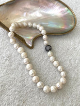 Load image into Gallery viewer, White Round Edison Pearl Necklace, 11–15mm, CZ Pavé Gunmetal Magnetic Clasp, 16"